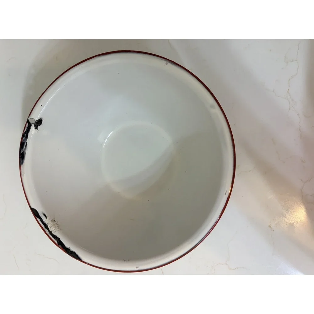 Vintage Enamelware Round Wash Tub Basin Bowl White Red 10.75